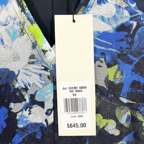 NEW Fuzzi Floral Mesh Midi Dress Ruched Sleeves V-Neck Black Blue Artsy Size XS - Picture 5 of 8